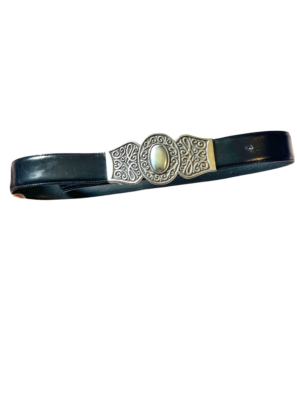 Vintage 1994 Brighton Black Leather Belt with Ornate Silver Medallion
